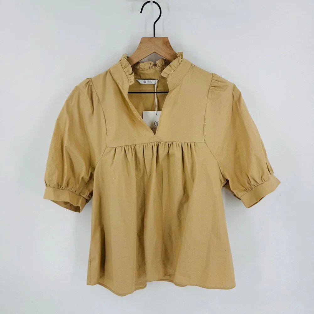 Cicy Bell Tan Babydoll Peasant Top NWT Size S Ruffle Puff Sleeve Neutral Capsule - Picture 6 of 10